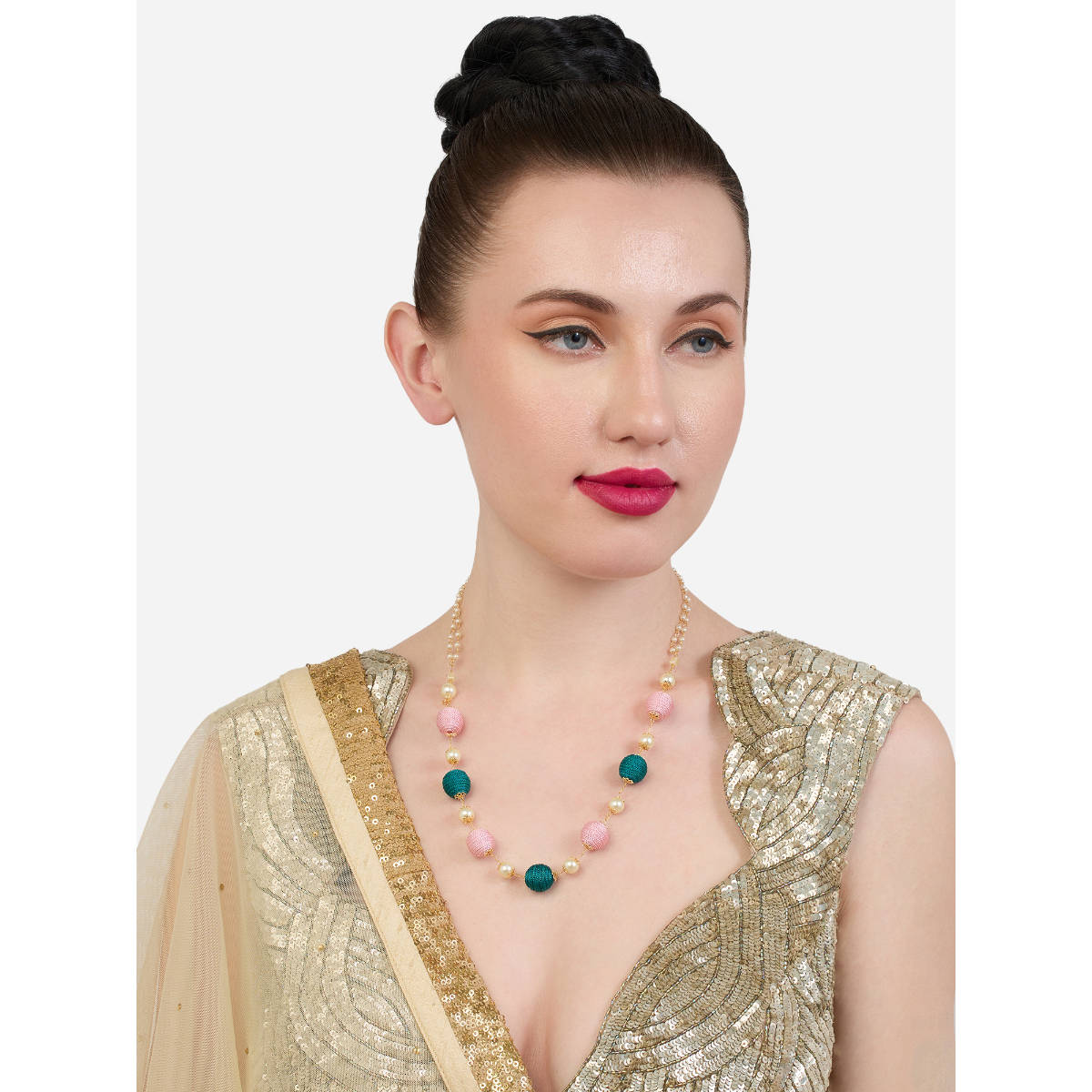 Zaveri Pearls Pink Green Thread Beads and Pearls Contemporary Necklace-ZPFK19161
