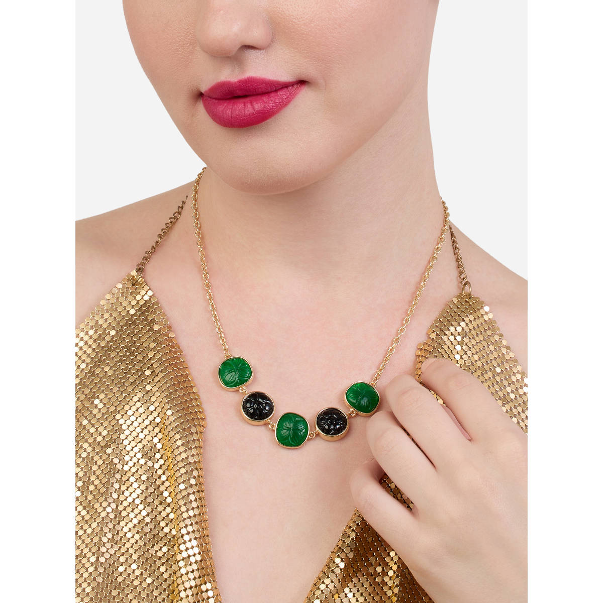 Zaveri Pearls Green Black Stones Embellished Contemporary Necklace-ZPFK21154