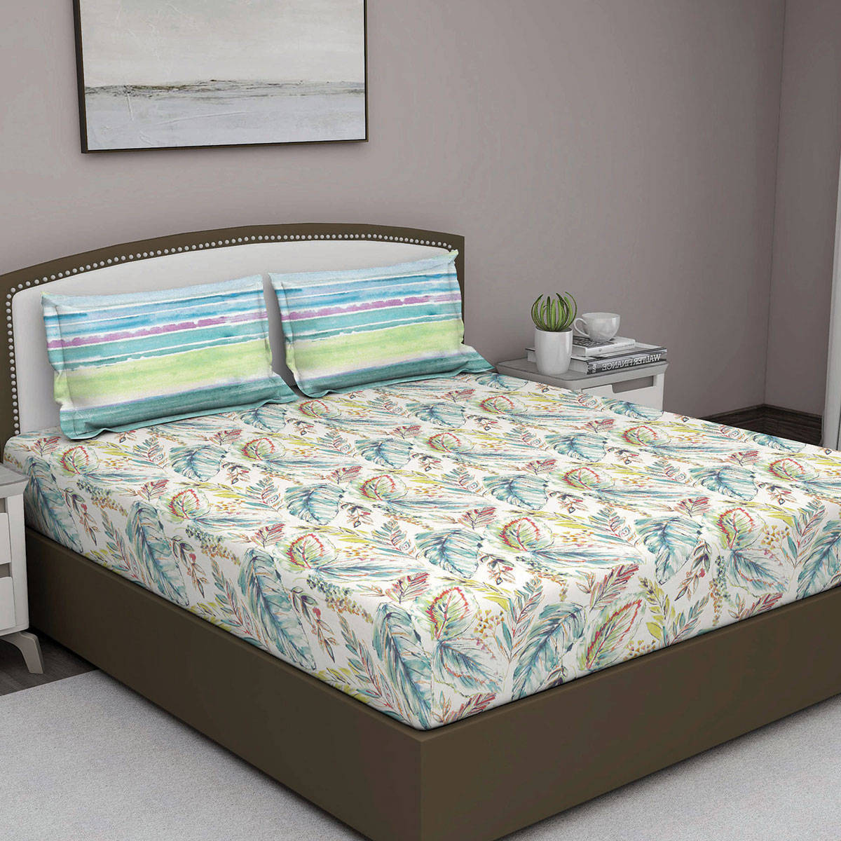 GM Green Plants 180 Tc Cotton Queen Bedsheet With 2 Pillow Covers