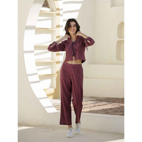 SAY Women Burgundy Pure Cotton Crop Top with Pant and Shrug (Set of 3) (XS)
