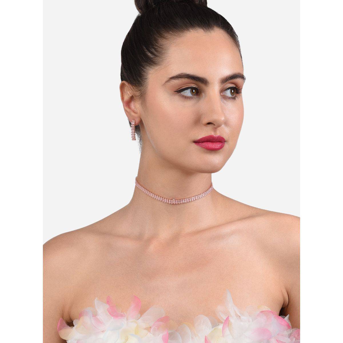 Zaveri Pearls Pink Baguette Cubic Zirconia Bling Necklace and Earring Set
