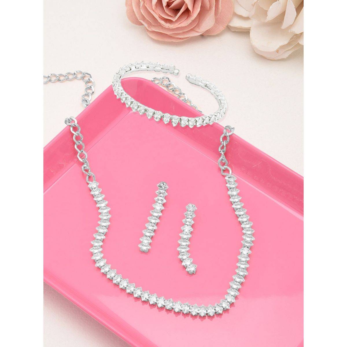Zaveri Pearls Silver Tone Cubic Zirconia Necklace Earring and Bracelet Set