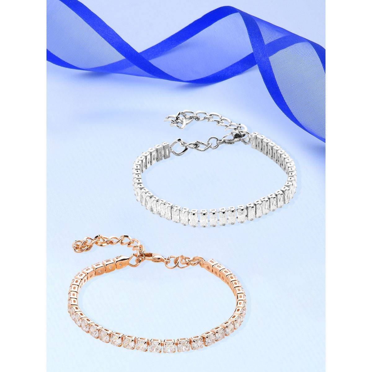 Zaveri Pearls White Silver Tone Cubic Zirconia Tennis Bracelet (Pack of 2)