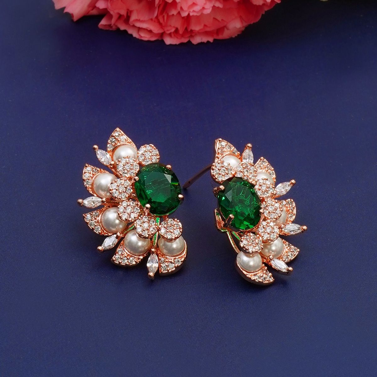 Designbox Rose Gold Pearl AD Stud Earrings with Green Stone Buy