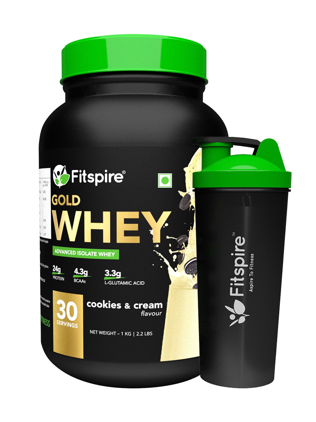 Fitspire Gold Standard 100% Whey Protein Isolate with Shaker- 1 kg/2.2 lb - Cookie & Cream- 30Serving