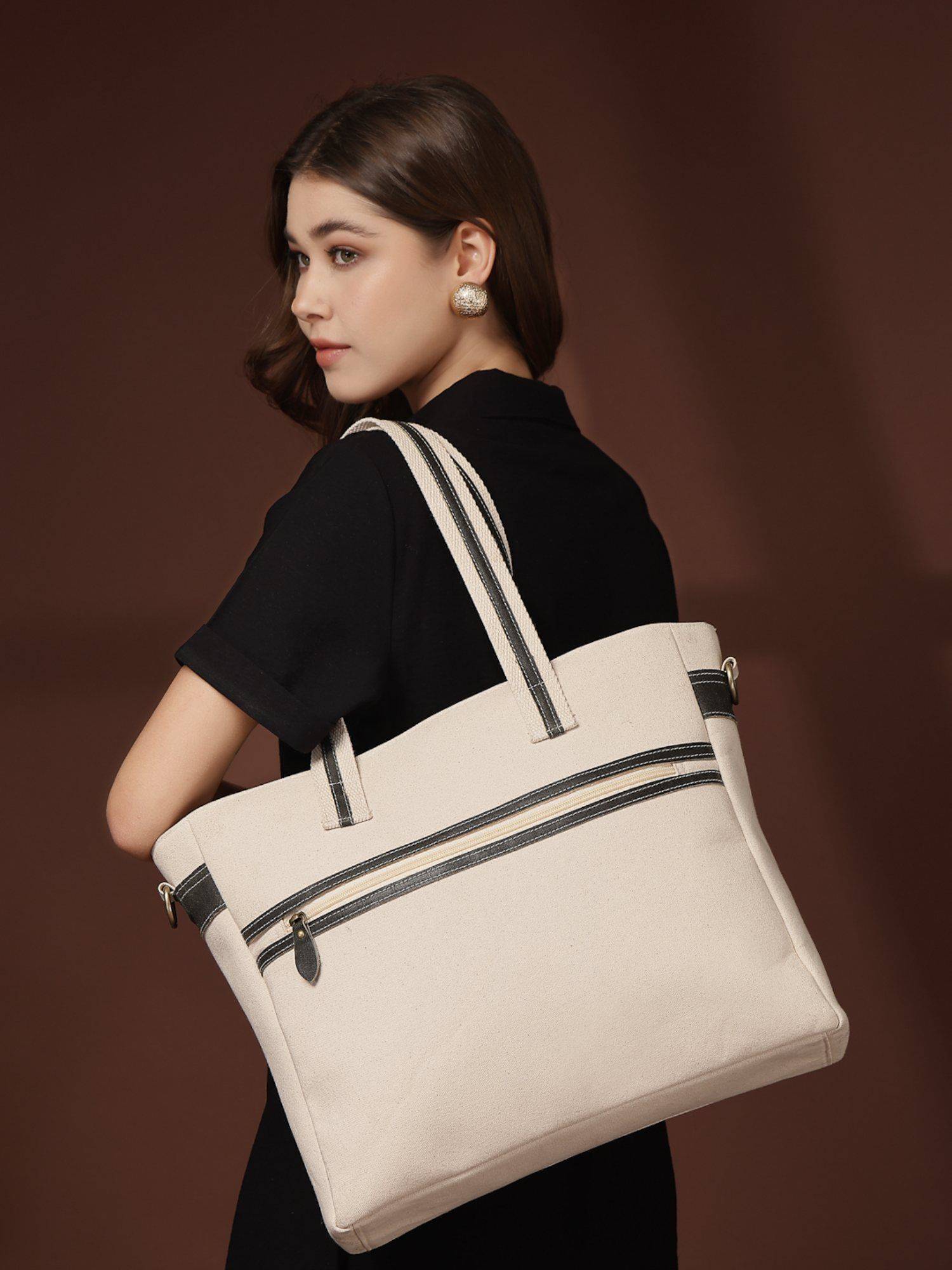Anekaant Timber And Thread Off White Cotton Solid Tote Bag with Detachable Strap