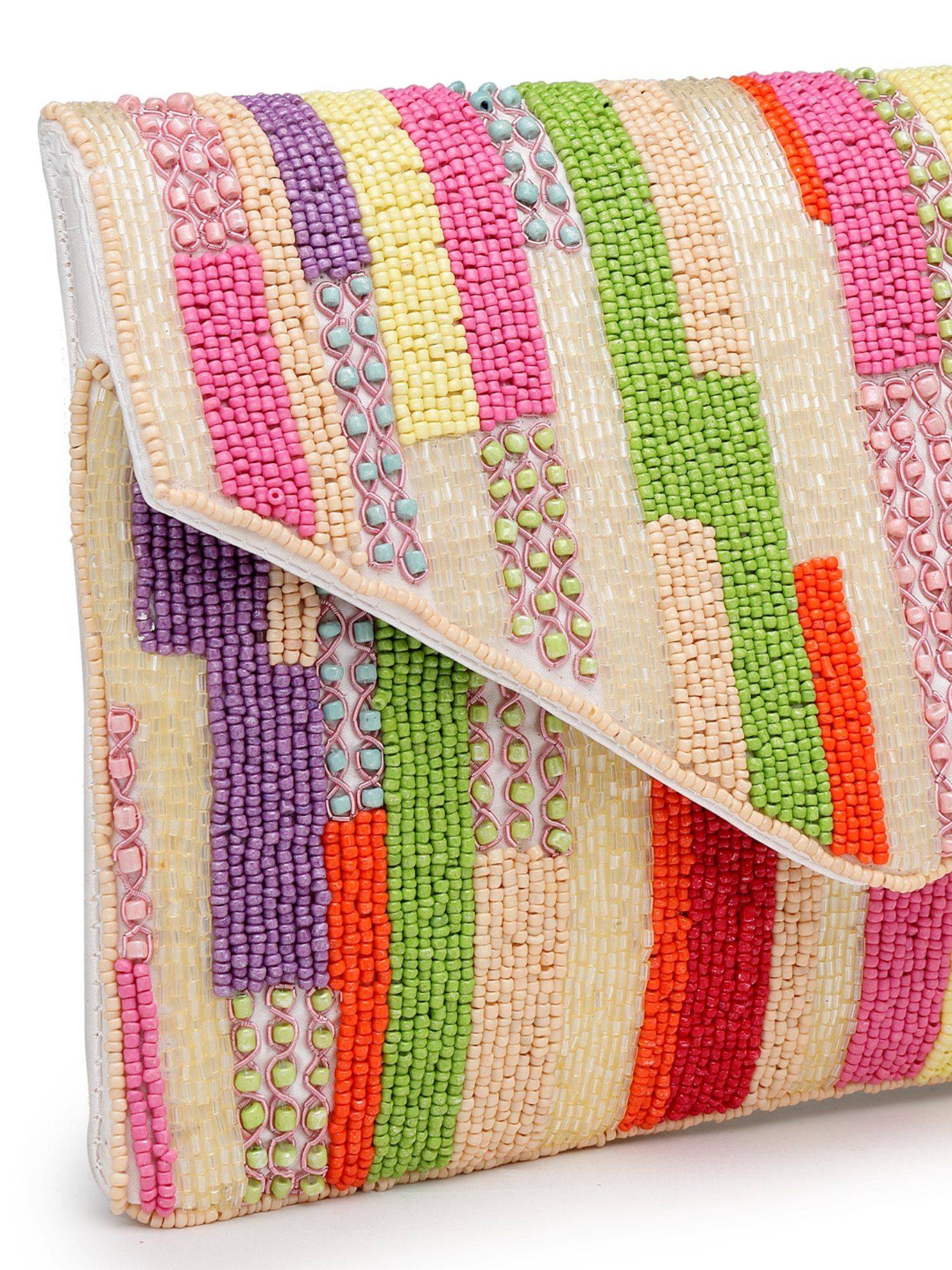 Buy Anekaant Mod Stitch Off White Embellished Satin Clutch Online