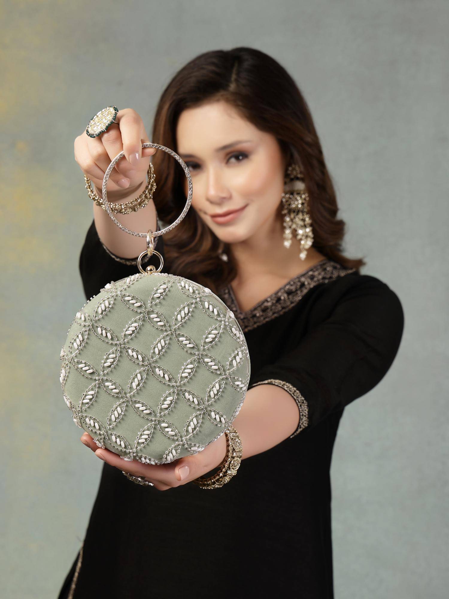 Anekaant Glided Gleam Sage Green Net Diamond Embellished Clutch with Detachable Chain