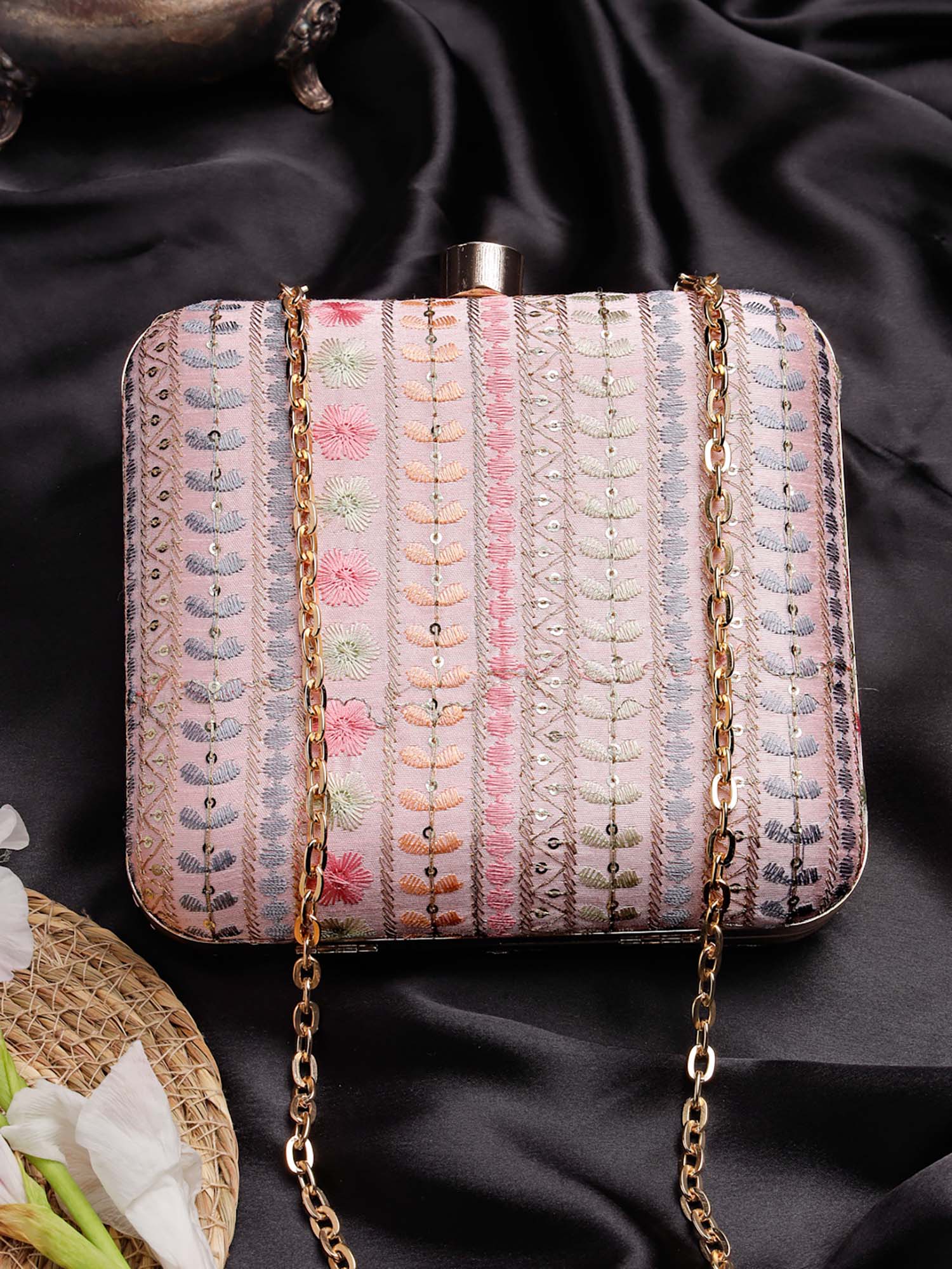 Anekaant Woven Reverie Pink Faux Silk Floral Embroidered Clutch with Detachable Chain