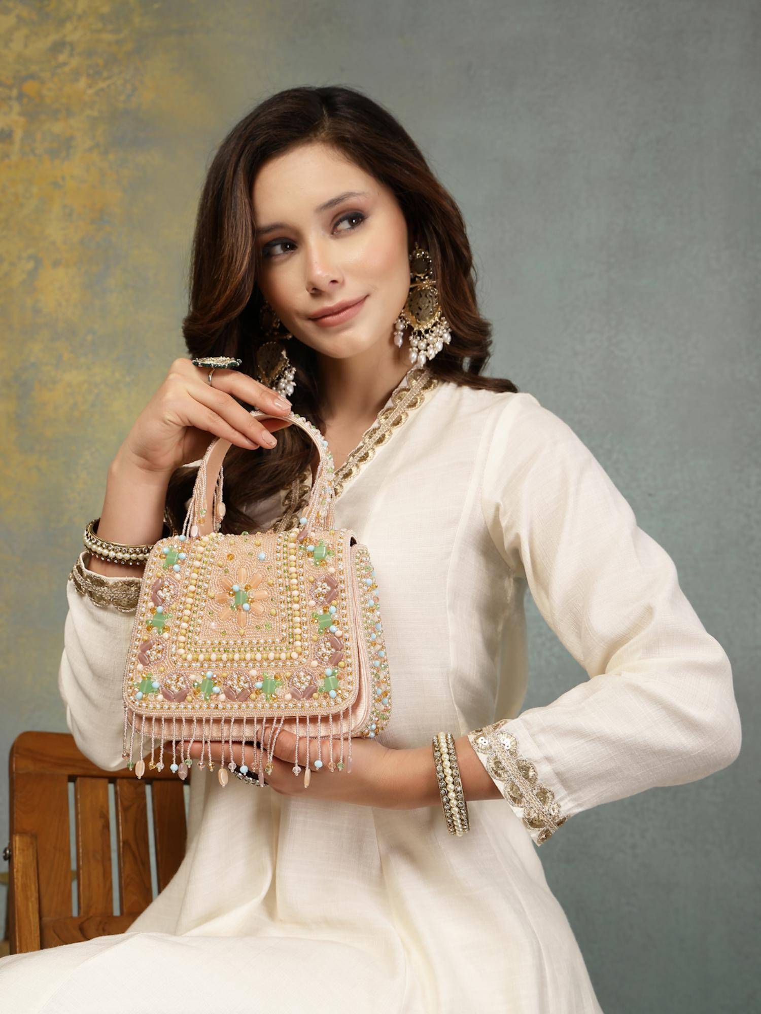 Anekaant Blush and Bead Pink Satin Concentric Beadwork Embellished Clutch