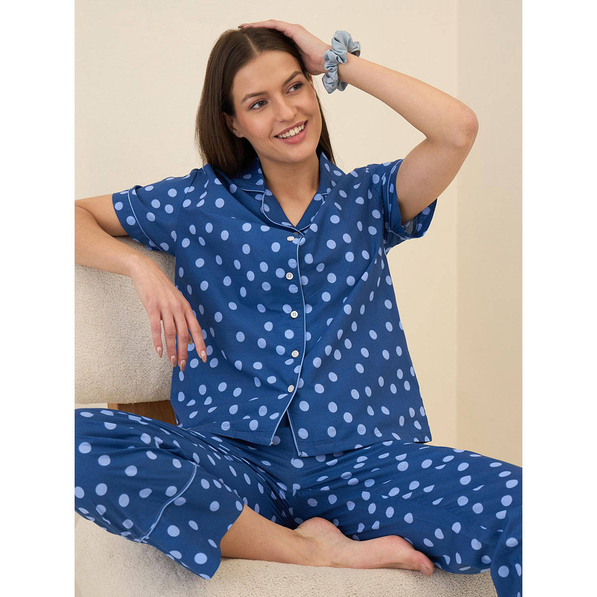 Buy Sweet Dreams Women Blue Printed Front Open Pyjama (Set of 2) Online