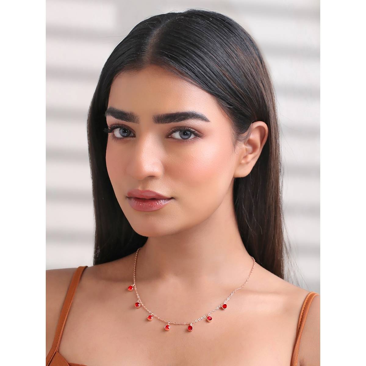 Yellow Chimes Rose Gold Plated Red Stone Chain Necklace