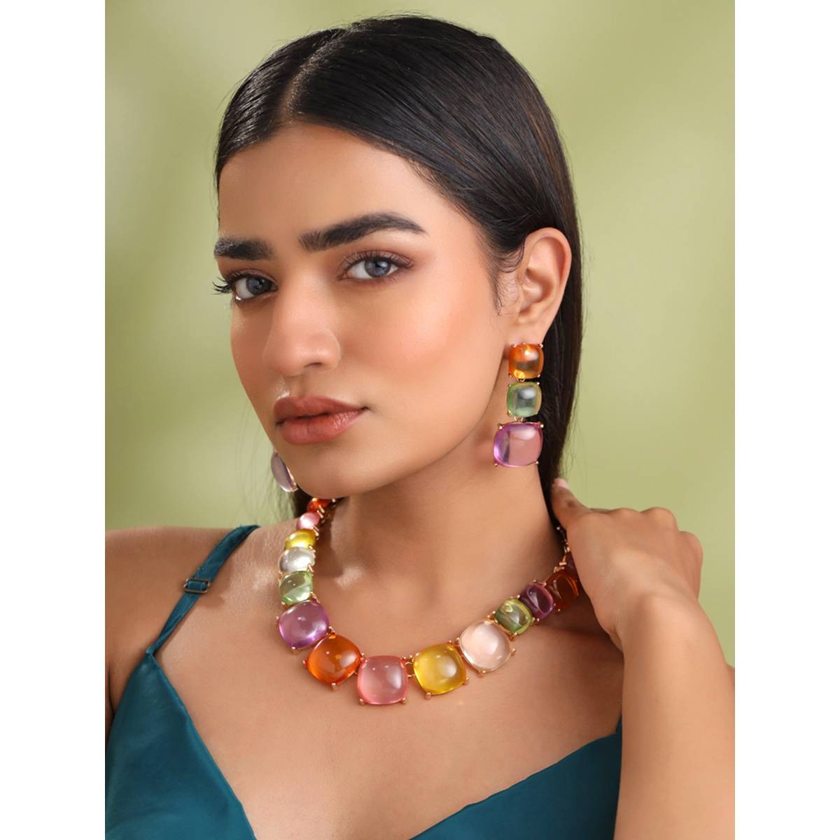 Yellow Chimes Multicolor Big Colorful Stones Necklace Set