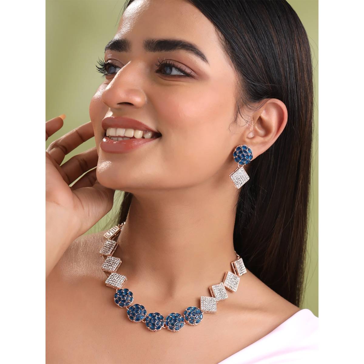 Yellow Chimes White and Blue Stone Rose Gold Plated Necklace Set
