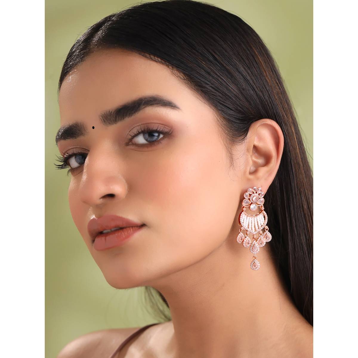 Yellow Chimes Traditional Rose Gold Plated Ad Earrings, Pink