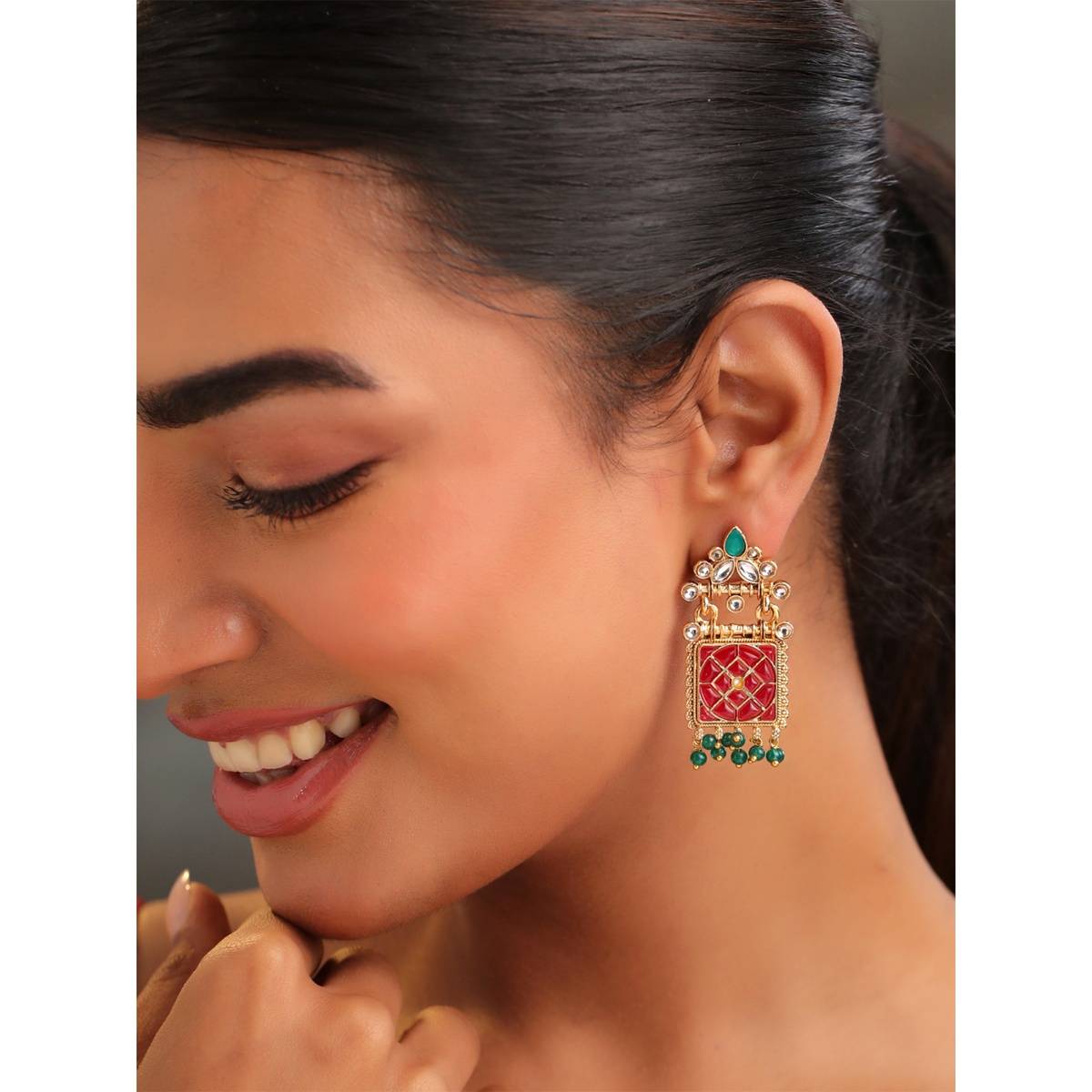 Yellow Chimes Gold Plated Ethnic Red Stone Studded Drop Earrings