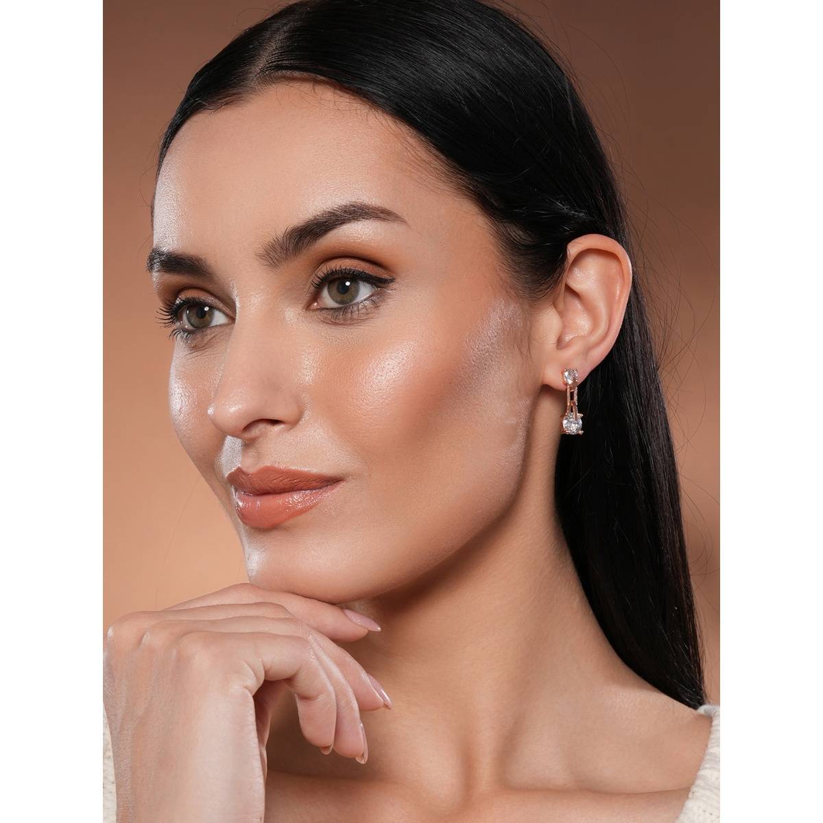 Aatmana Rose Gold Plated White Circular Crystal Studdded Drop Earrings