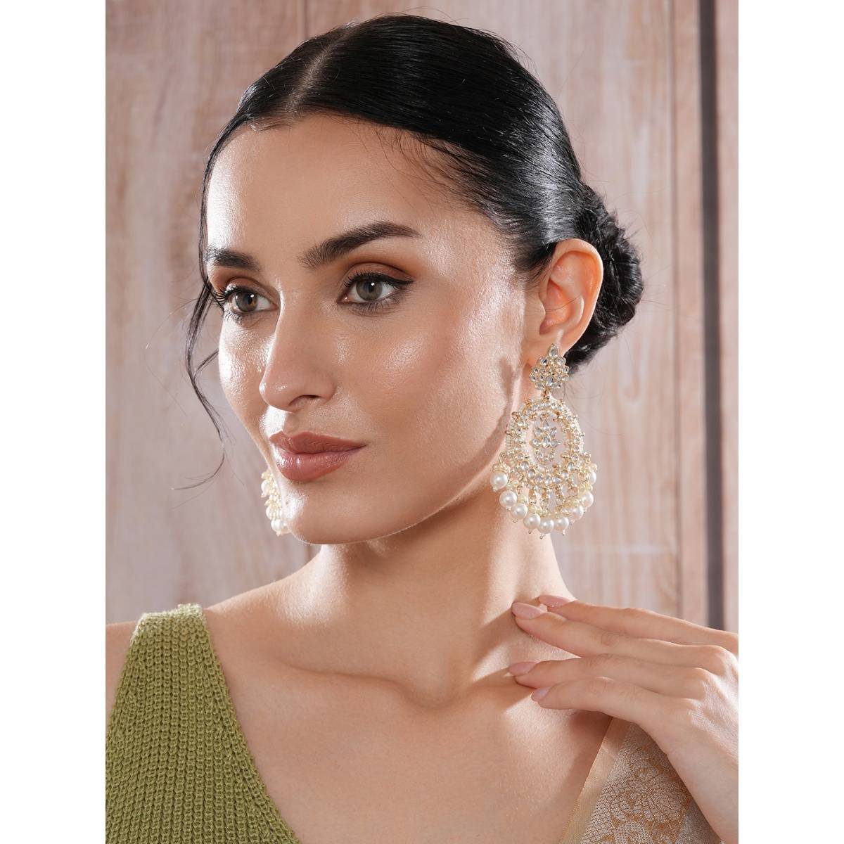 Aatmana Gold-Plated White Kundan and Pearl Studded Crescent Shaped Earrings
