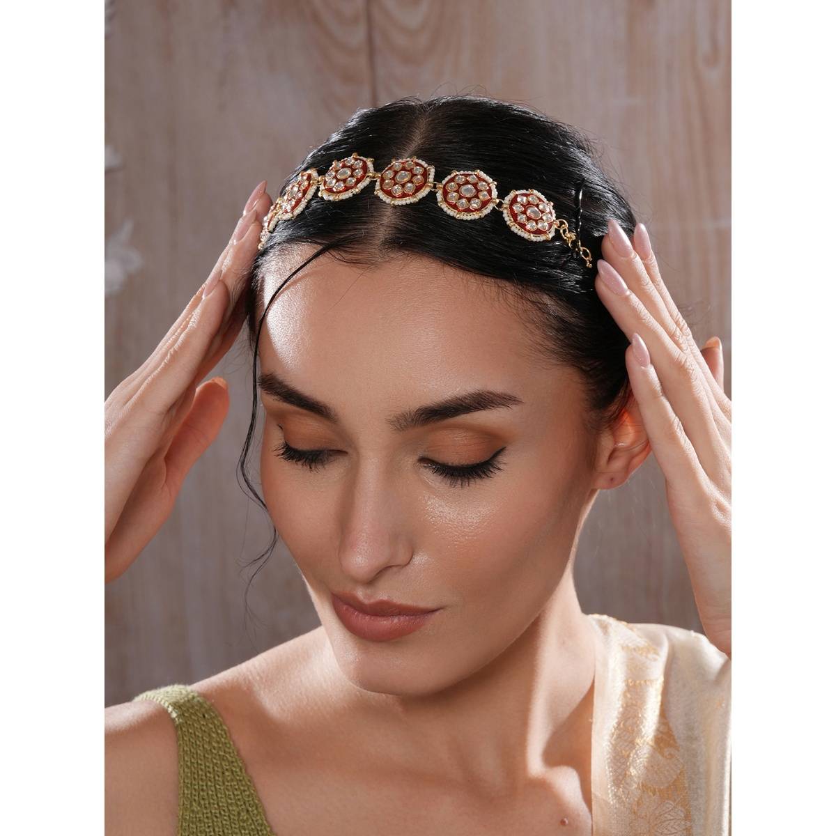 Aatmana Gold-Plated Kundan Studded and Maroon Meenakari Matha Patti