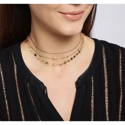 OOMPH Gold Link Chain Lock & Beads Multi Layer Necklaces for Women - Set of 2