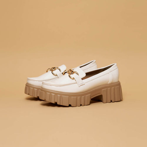 Buy Eridani Vanilla Embellished Chunky Loafer Heels Online