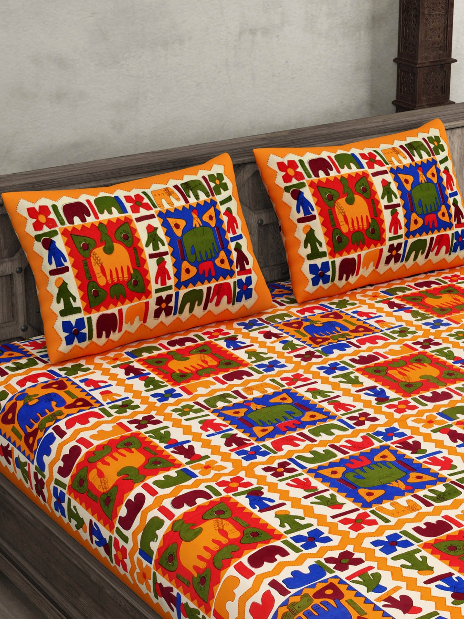 JAIPUR FABRIC Multi-Color Border Elephant Screen Print Double Bedsheet With 2 Pillow Covers (Queen)