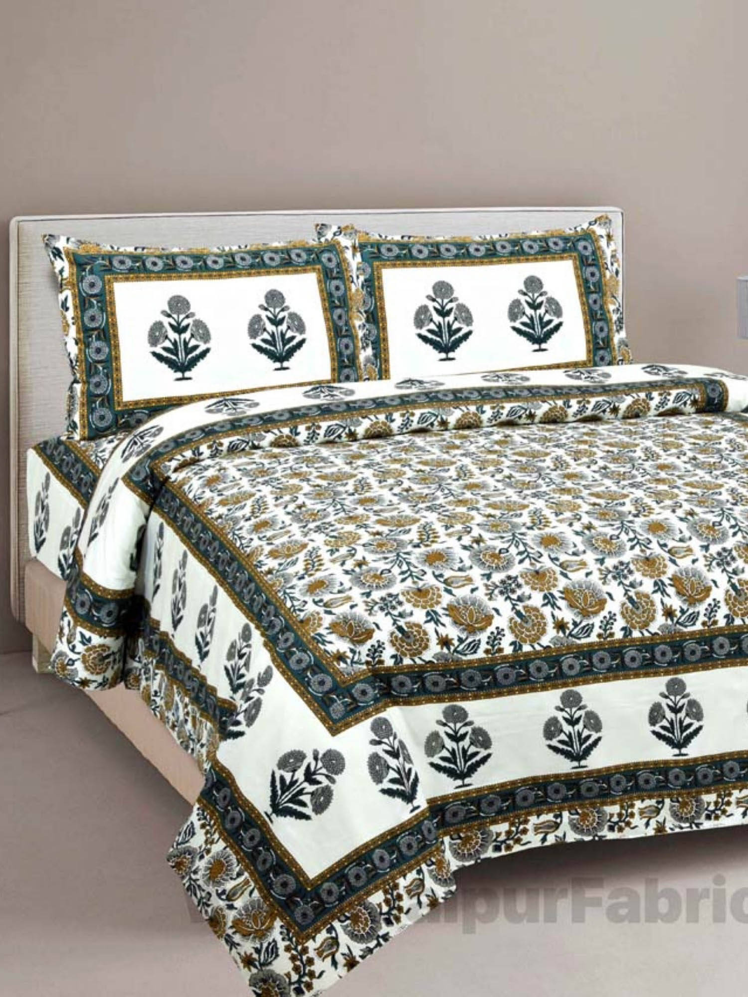 JAIPUR FABRIC Pure Cotton Grey Color Floral Ethnic Double Bedsheet With 2 Pillow Covers (Queen)