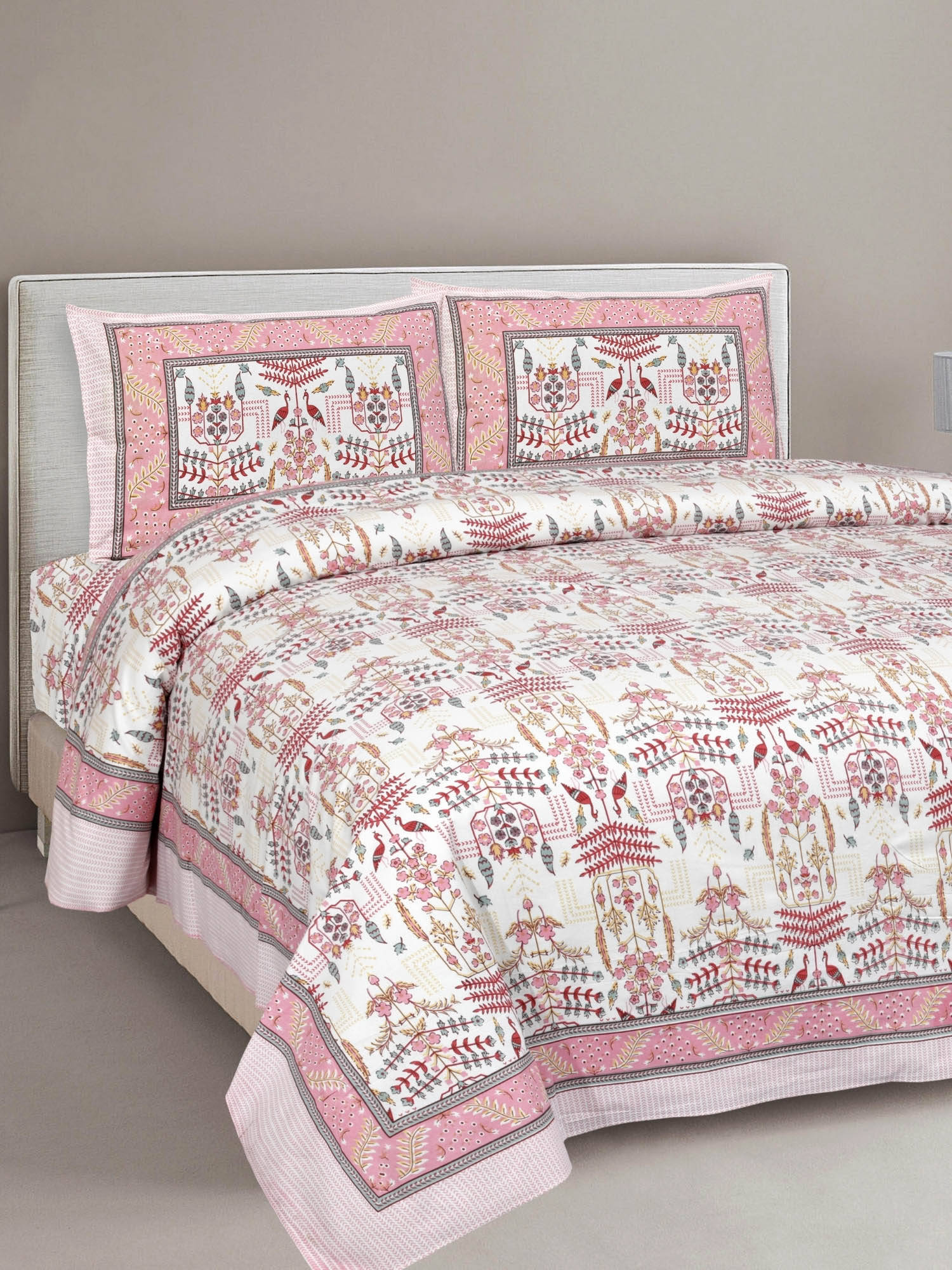 JAIPUR FABRIC Pure Cotton Artistic Modern Pink Cream Double Bedsheet With 2 Pillow Covers (Queen)