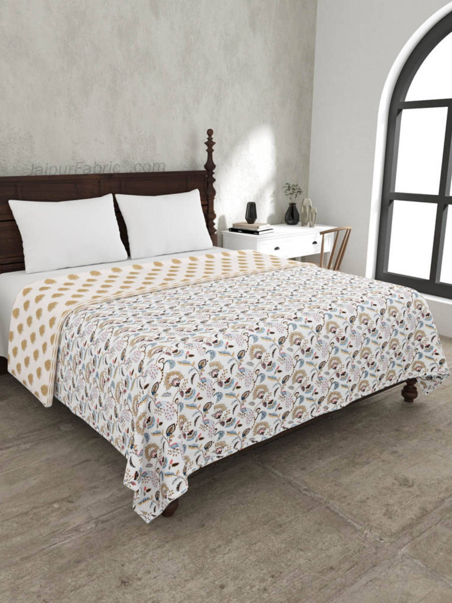 JAIPUR FABRIC Blue Motifs Pure Fine Soft Cotton Double Bed Dohar (Queen)