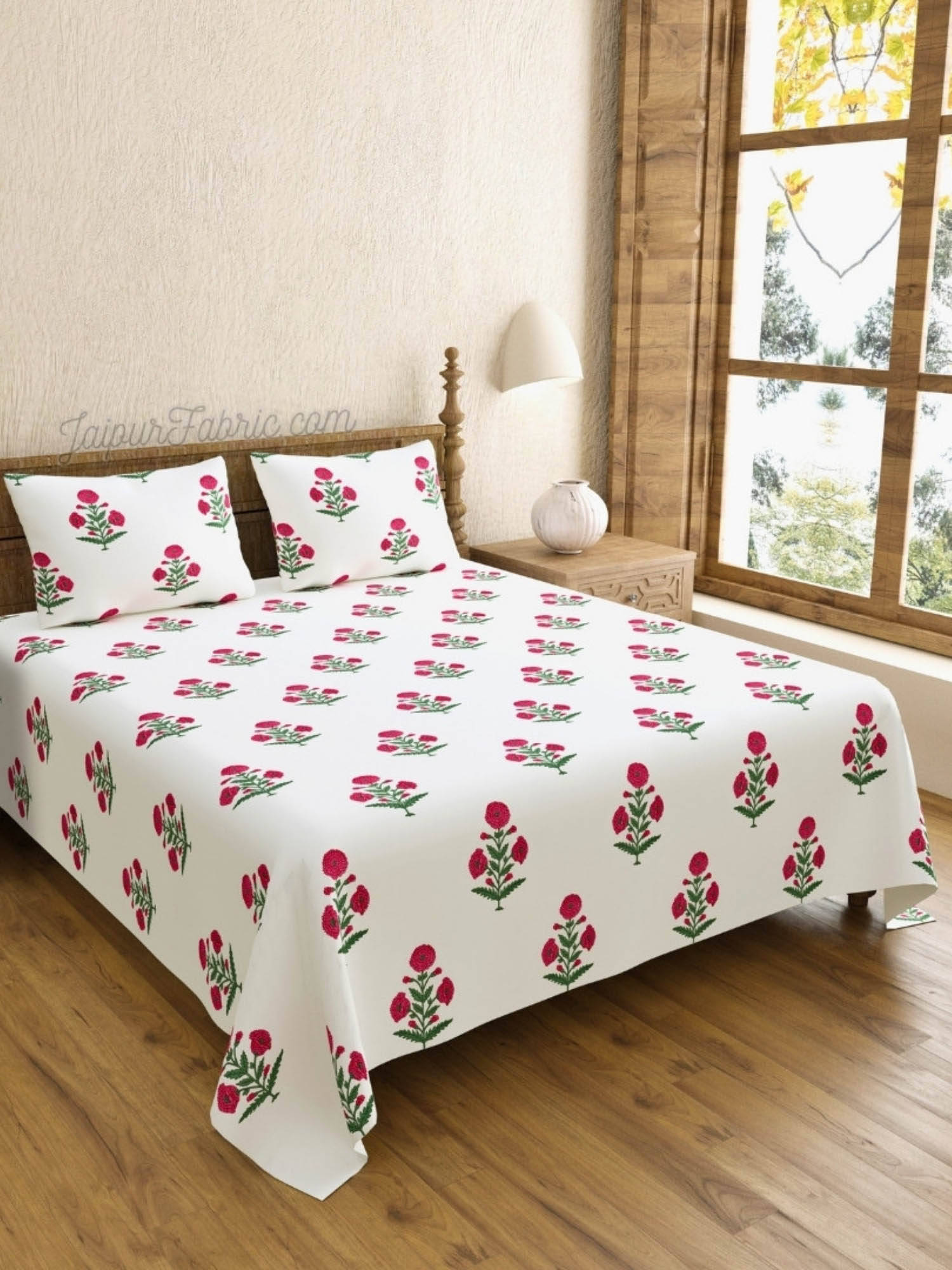 JAIPUR FABRIC Ocean Enclave Handblock Leaves King Bedsheet With 2 Pillow Covers
