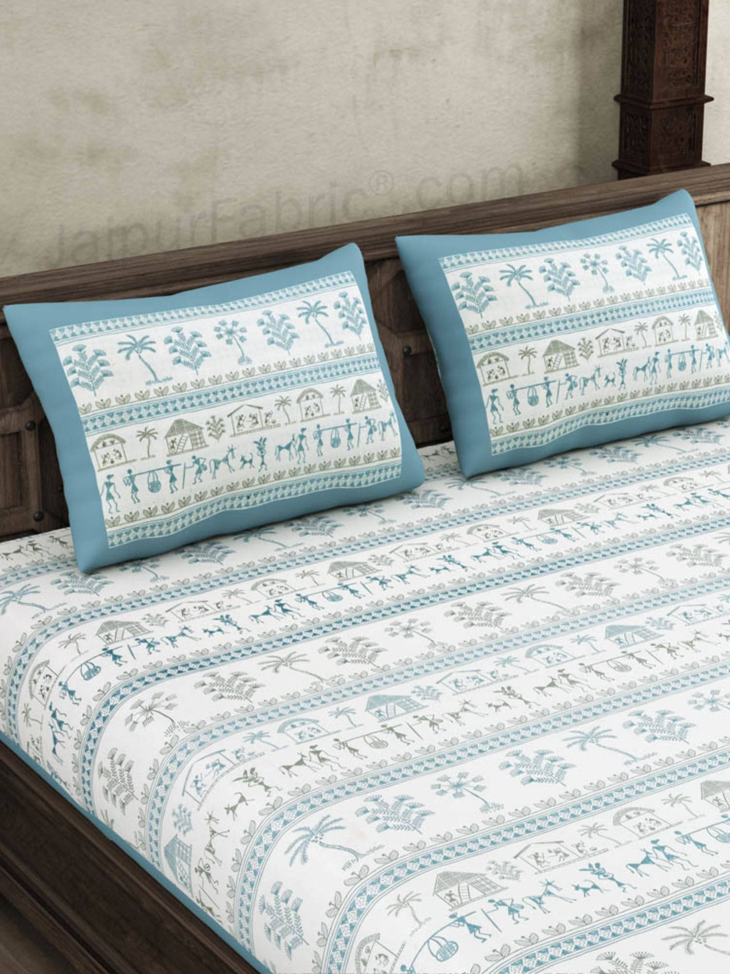 JAIPUR FABRIC Urban Tribals Blue Super King Premium Cotton Bedsheet With 2 Pillow Covers