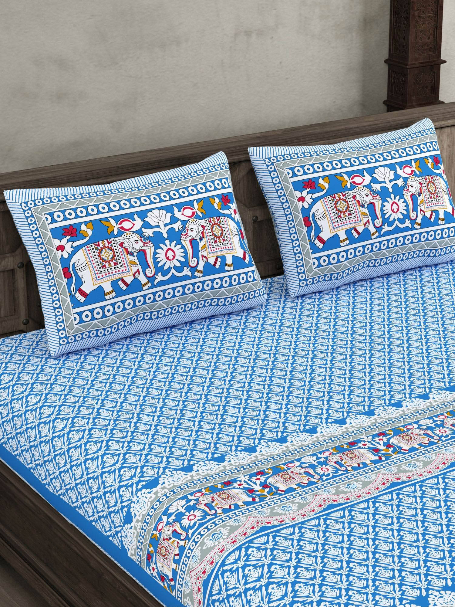 JAIPUR FABRIC Elephant Parade Design Super King Blue 10 Feet Wide Bedsheet With 2 Pillow Covers