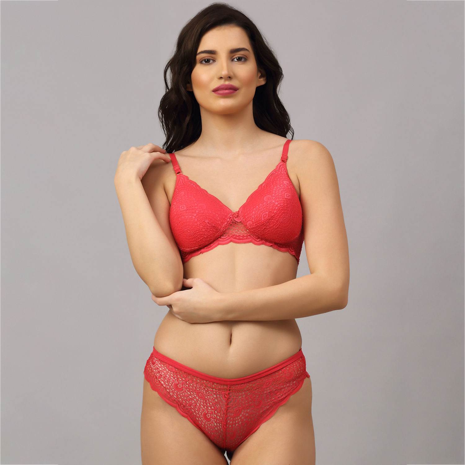 Buy Quttos PrettyCat Padded Lace Tshirt Bra Panty Set Pink at