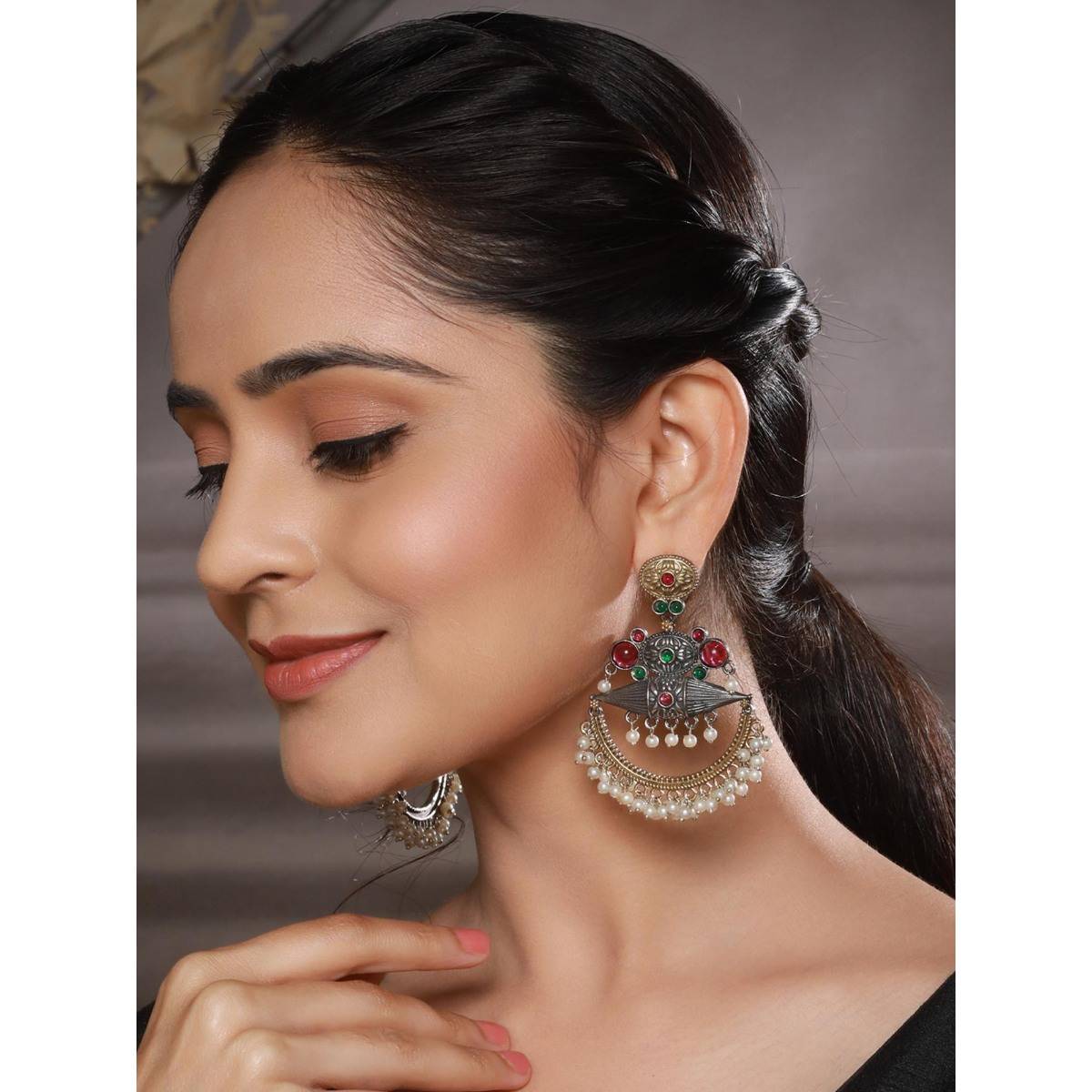 Saraf RS Jewellery Dual Toned Red Ad and Pearl Beaded Handcrafted Chandbali Dangler Earrings