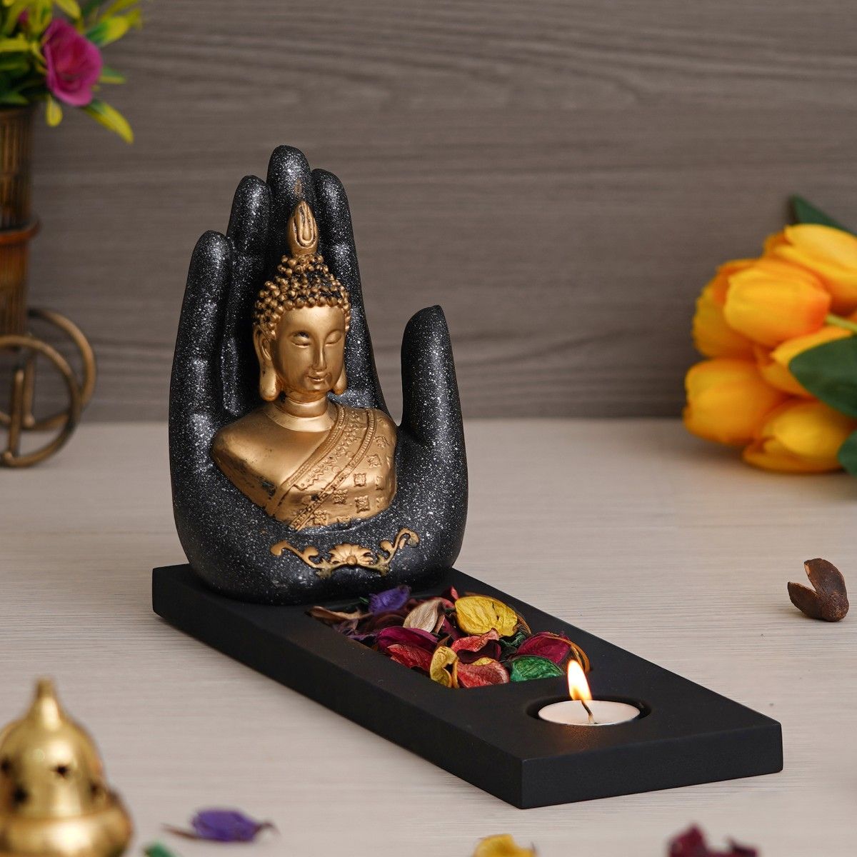 Buy eCraftIndia Palm Buddha Showpiece with Rectangle Wooden Base ...