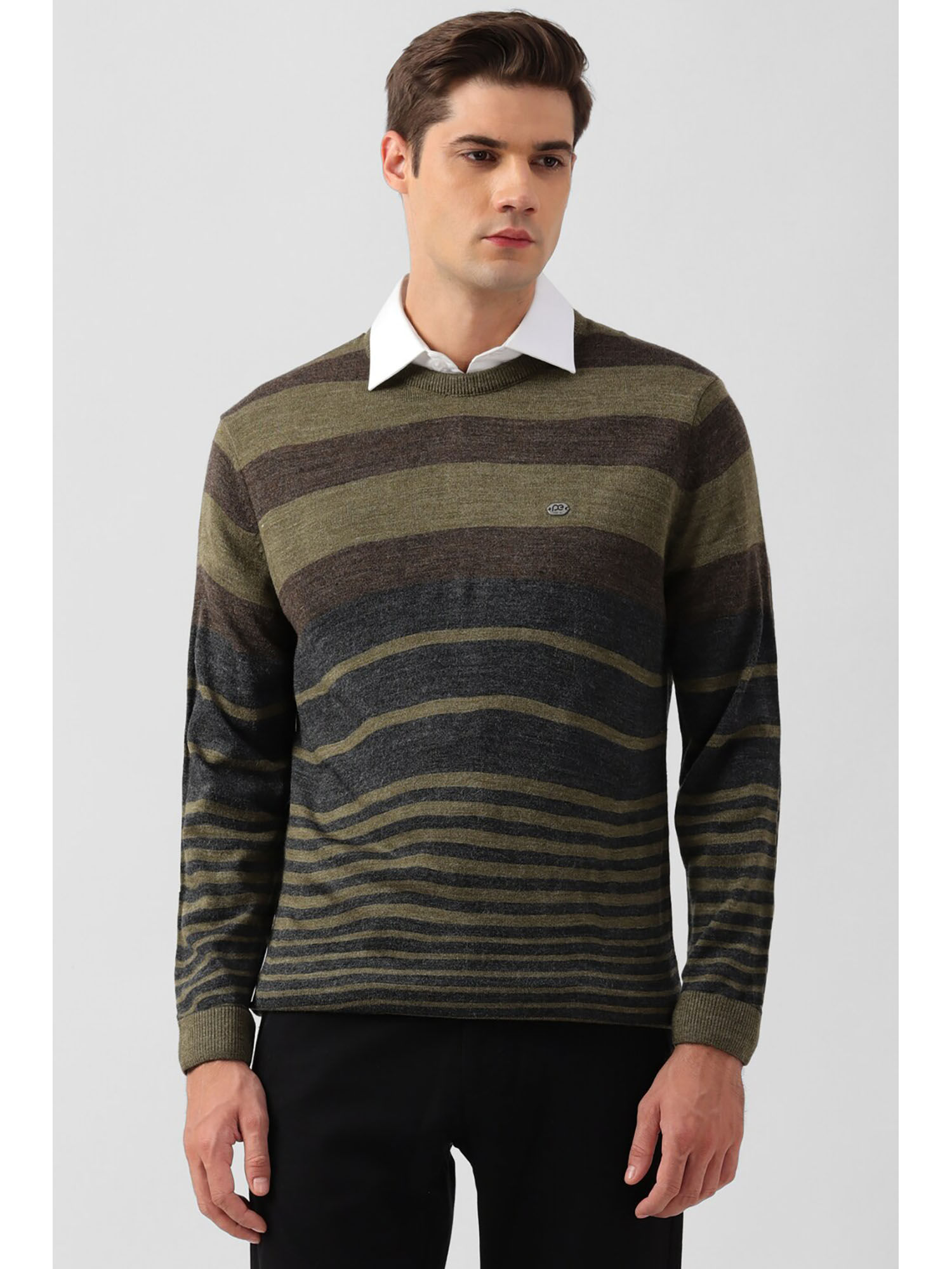 Peter England Men Olive Stripe Crew Neck Sweater S