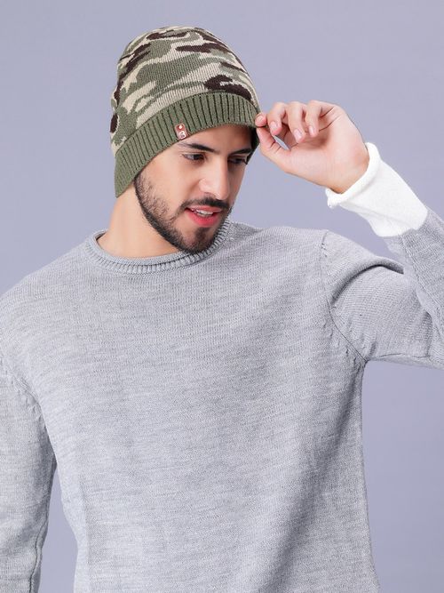 Bharatasya Men Army Pattern Fur Olive Beanie Cap