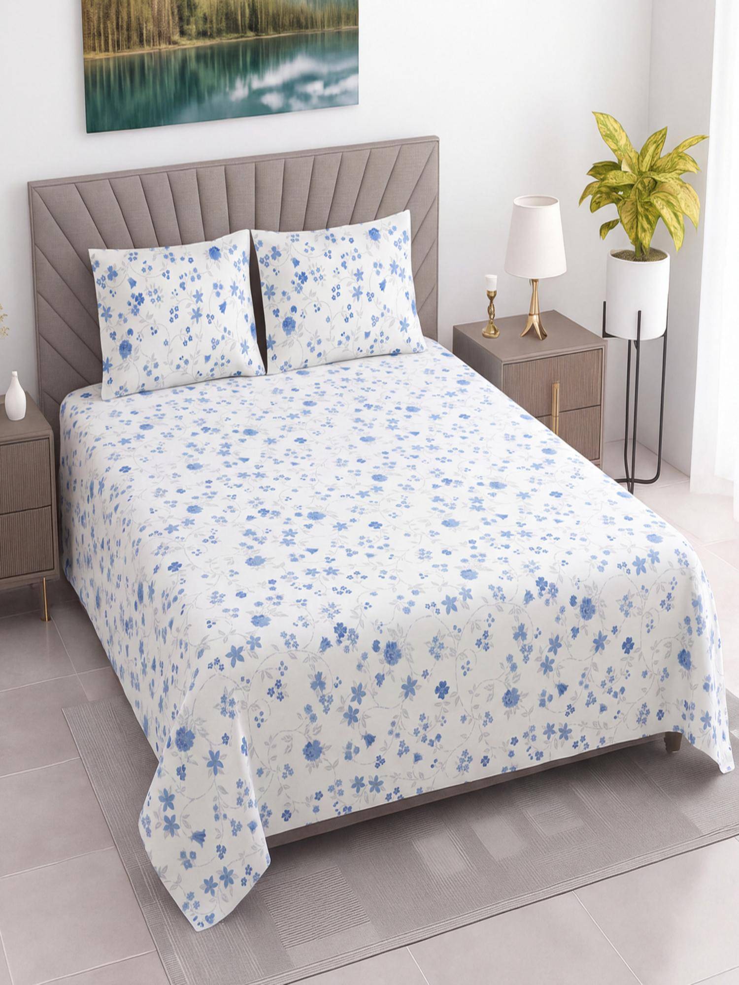 Threadwear White Floral Cotton Flat Double Queen Size Bedsheet