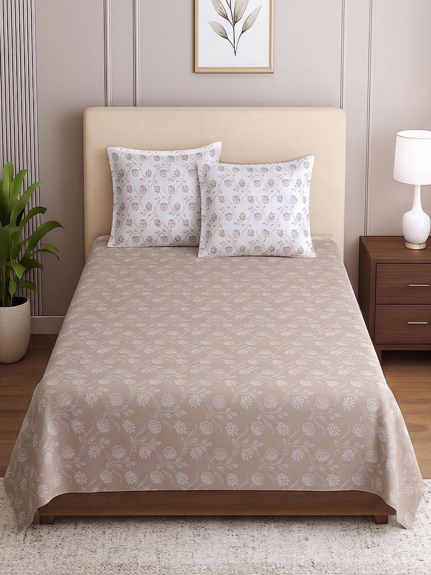 Threadwear Beige Floral Cotton Flat Single Bed Size Bedsheet