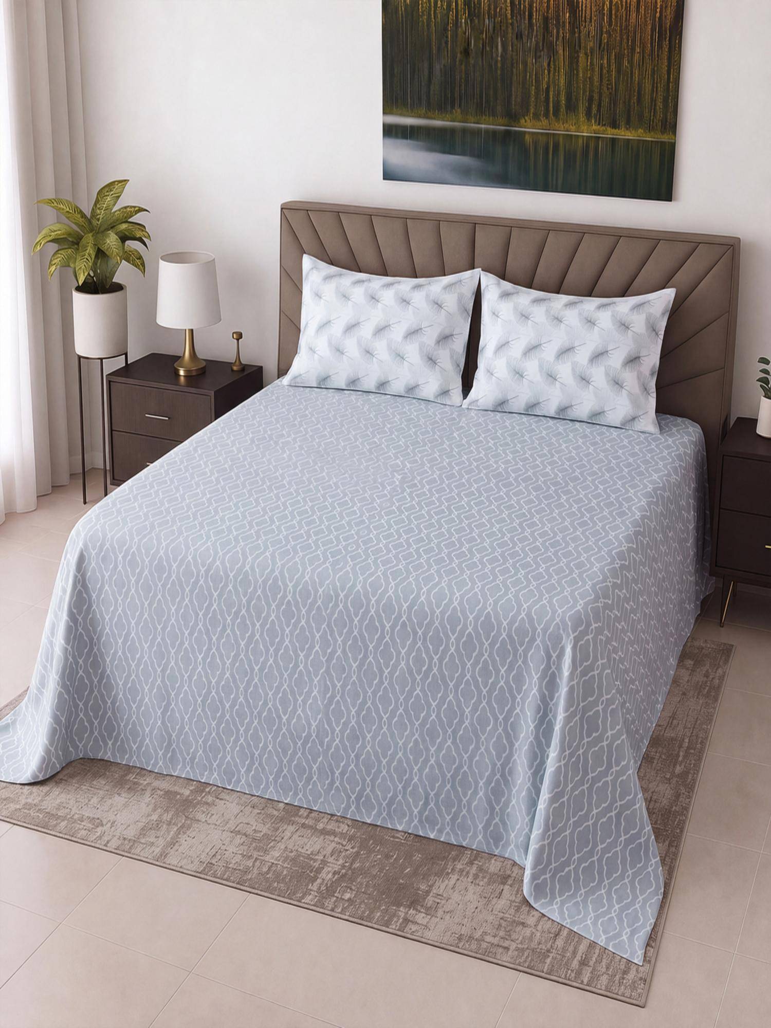 Threadwear Dusty Blue Floral Cotton Flat Super King Bed Size Bedsheet