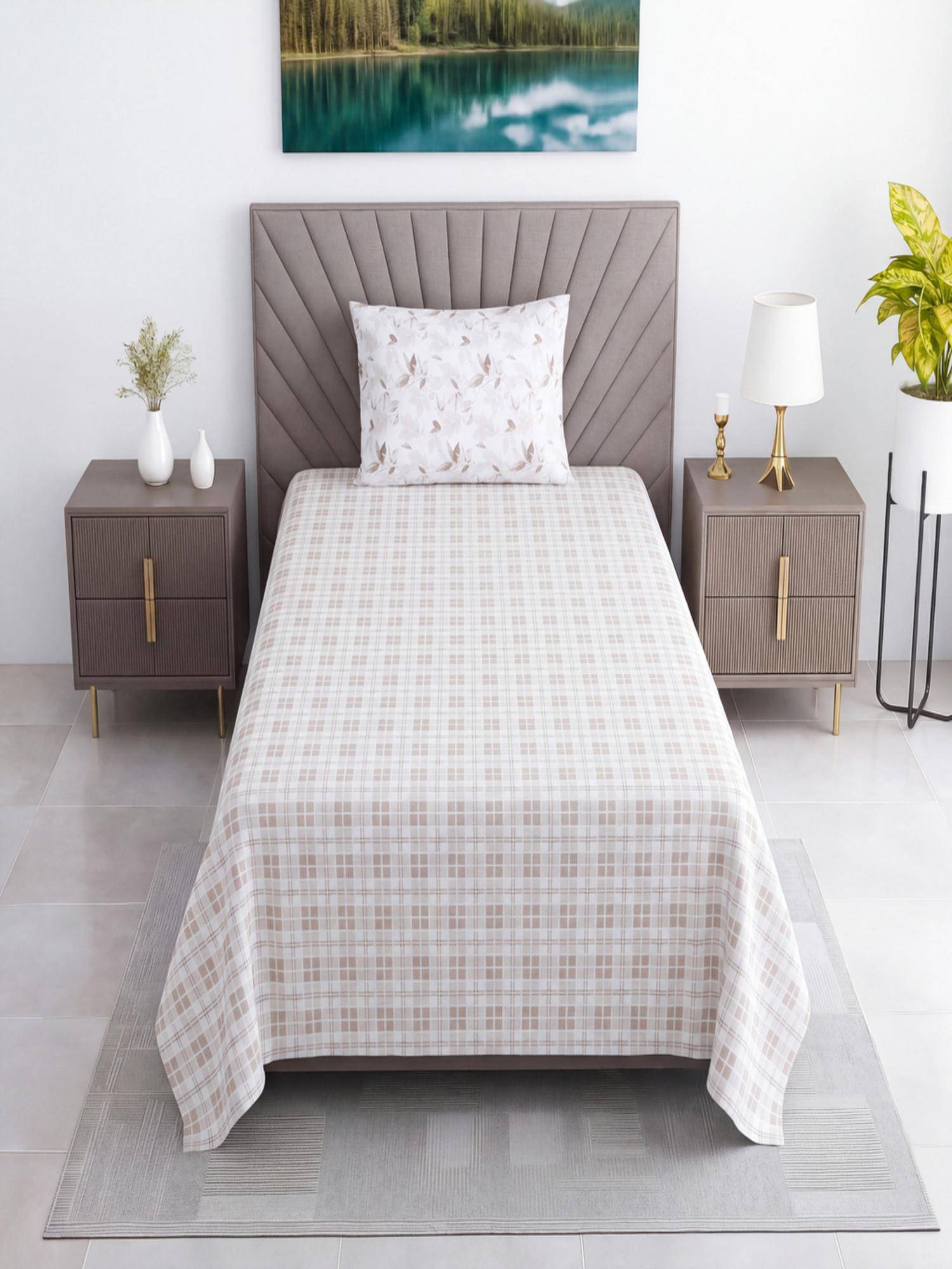 Threadwear White Floral Cotton Flat Single Bed Sheet with Pillow Cover