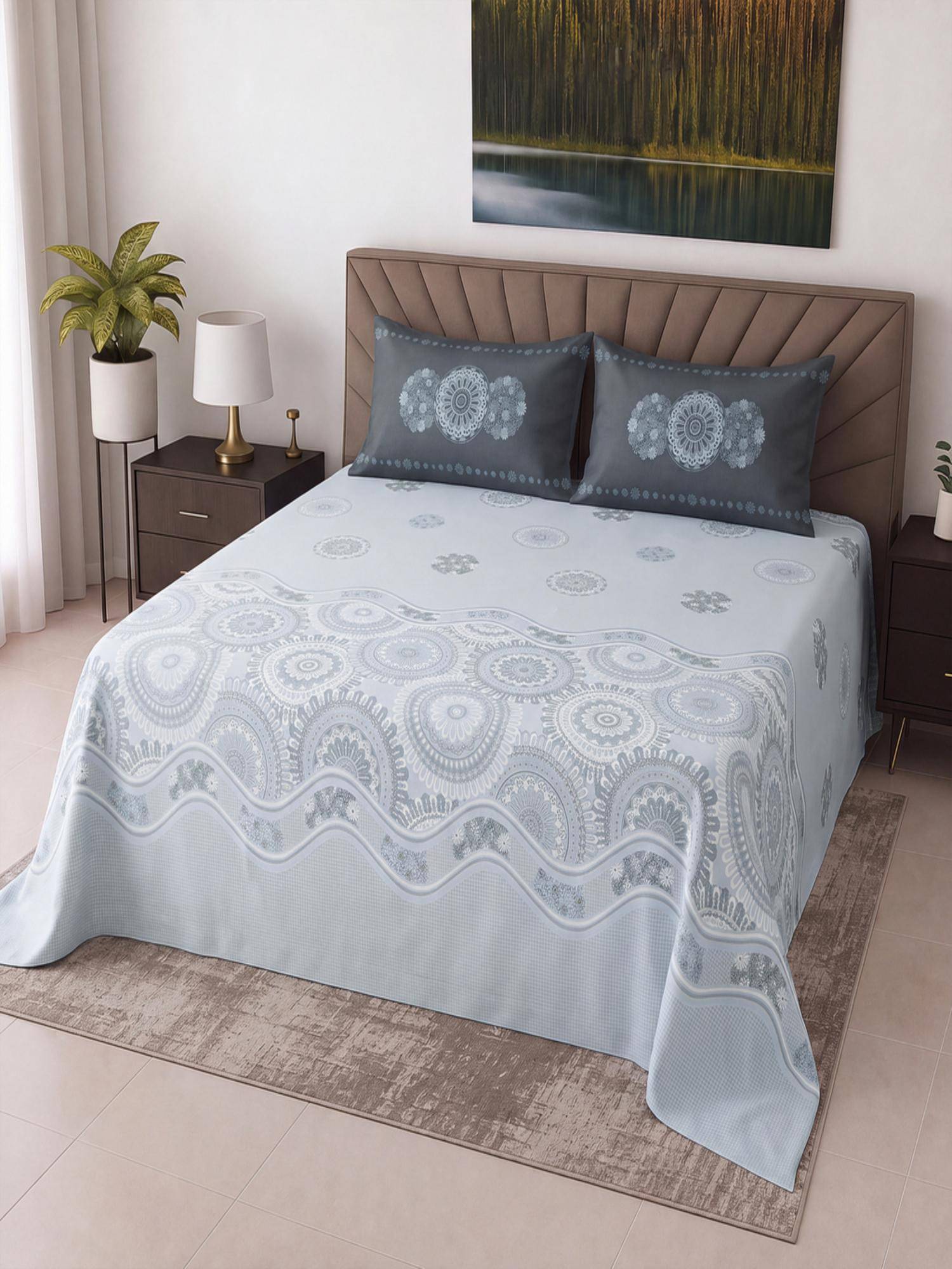 Threadwear Ice Blue Floral Cotton Flat Super King Bedsheet