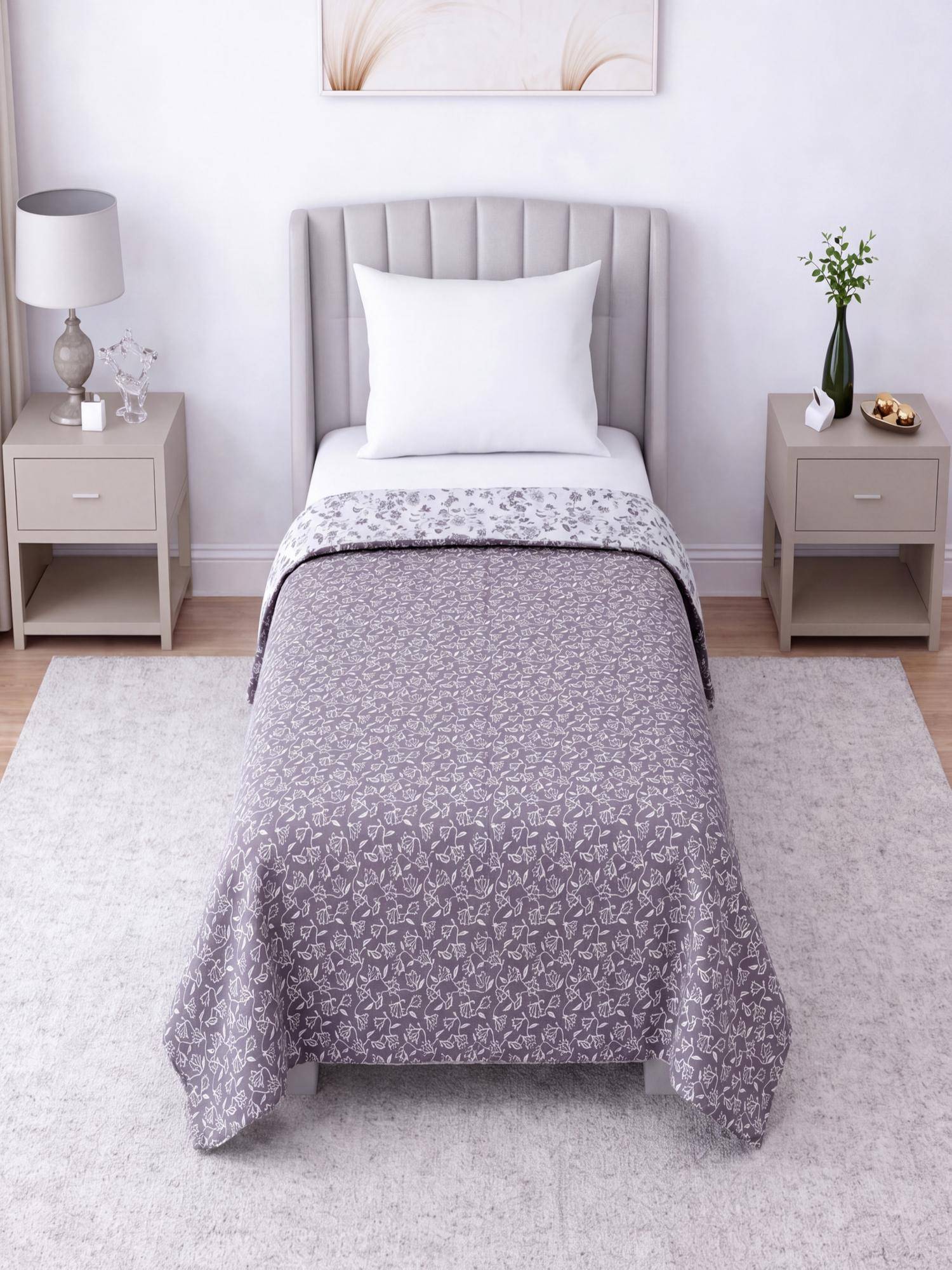 Threadwear White and Chocolate Floral Cotton Reversible Single Bed Dohar