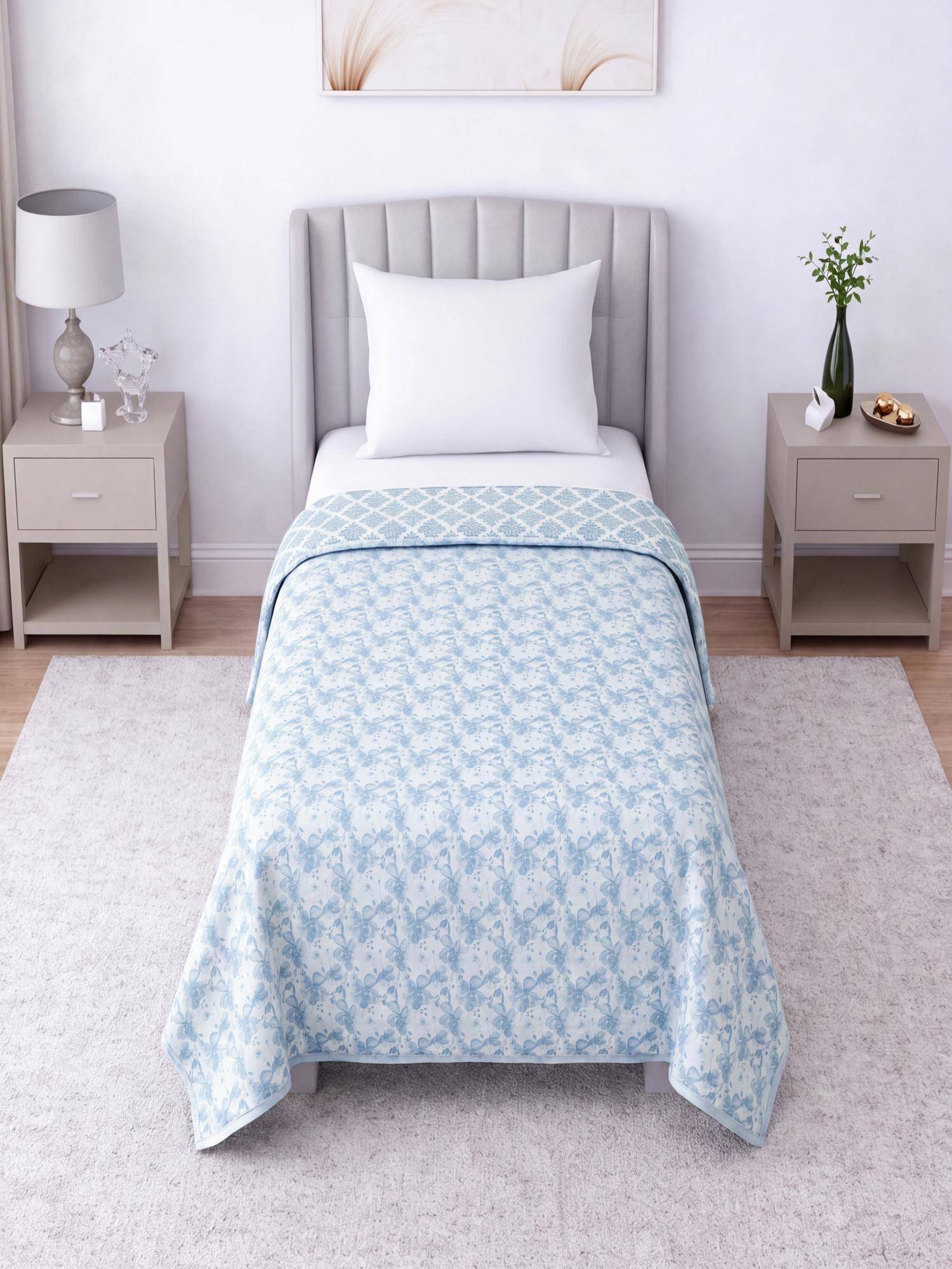 Threadwear Blue and White Floral Cotton Reversible Single Bed Dohar