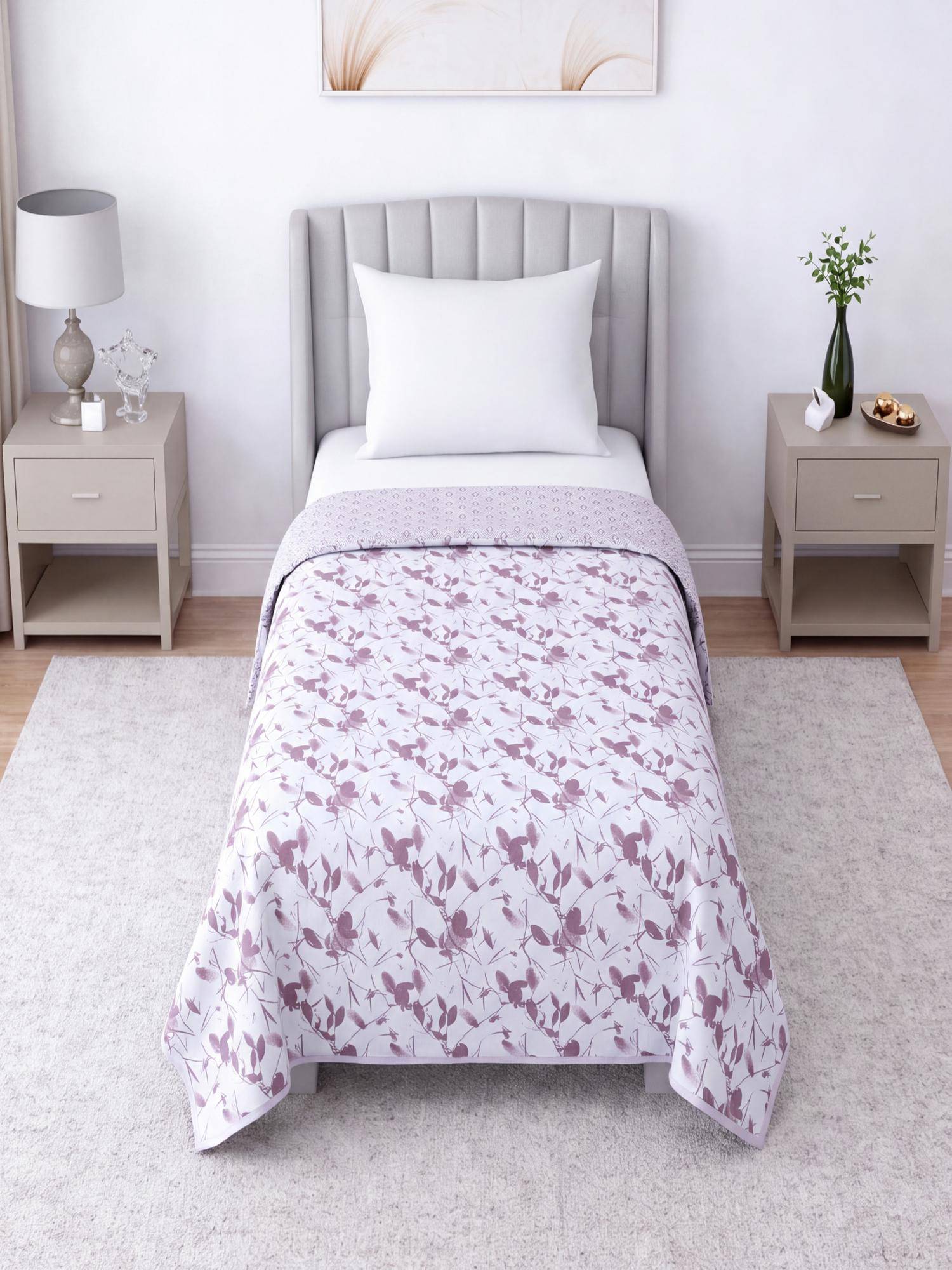 Threadwear Lavender and White Floral Cotton Reversible Single Bed Dohar