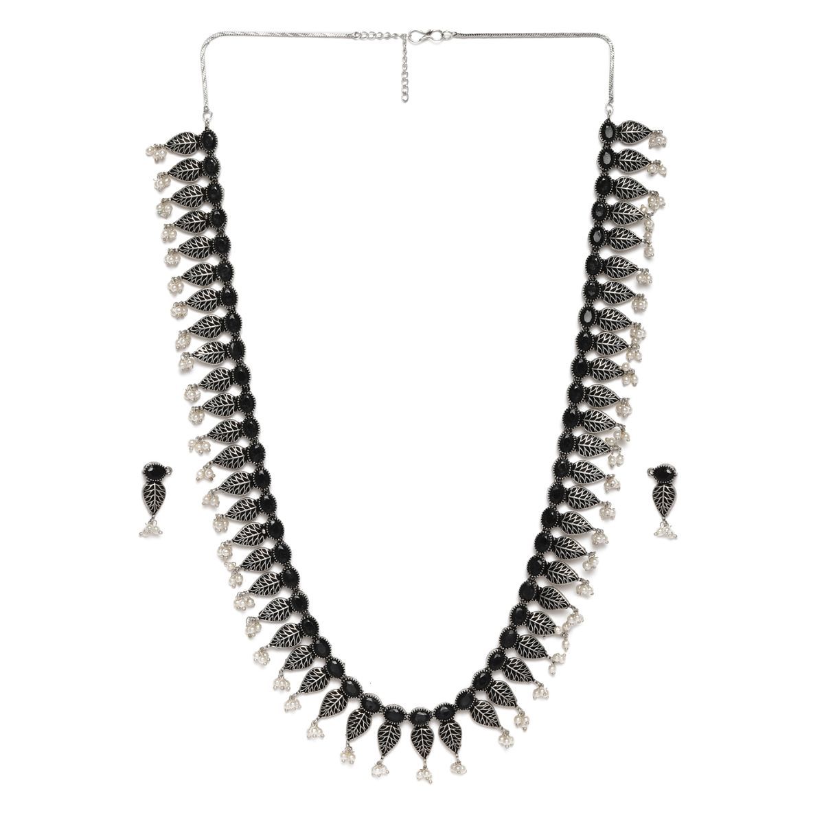 Buy LAIDA Silver Oxidized Handcrafted Black Leaf Design Pearl Hanging Jewellery Set Online