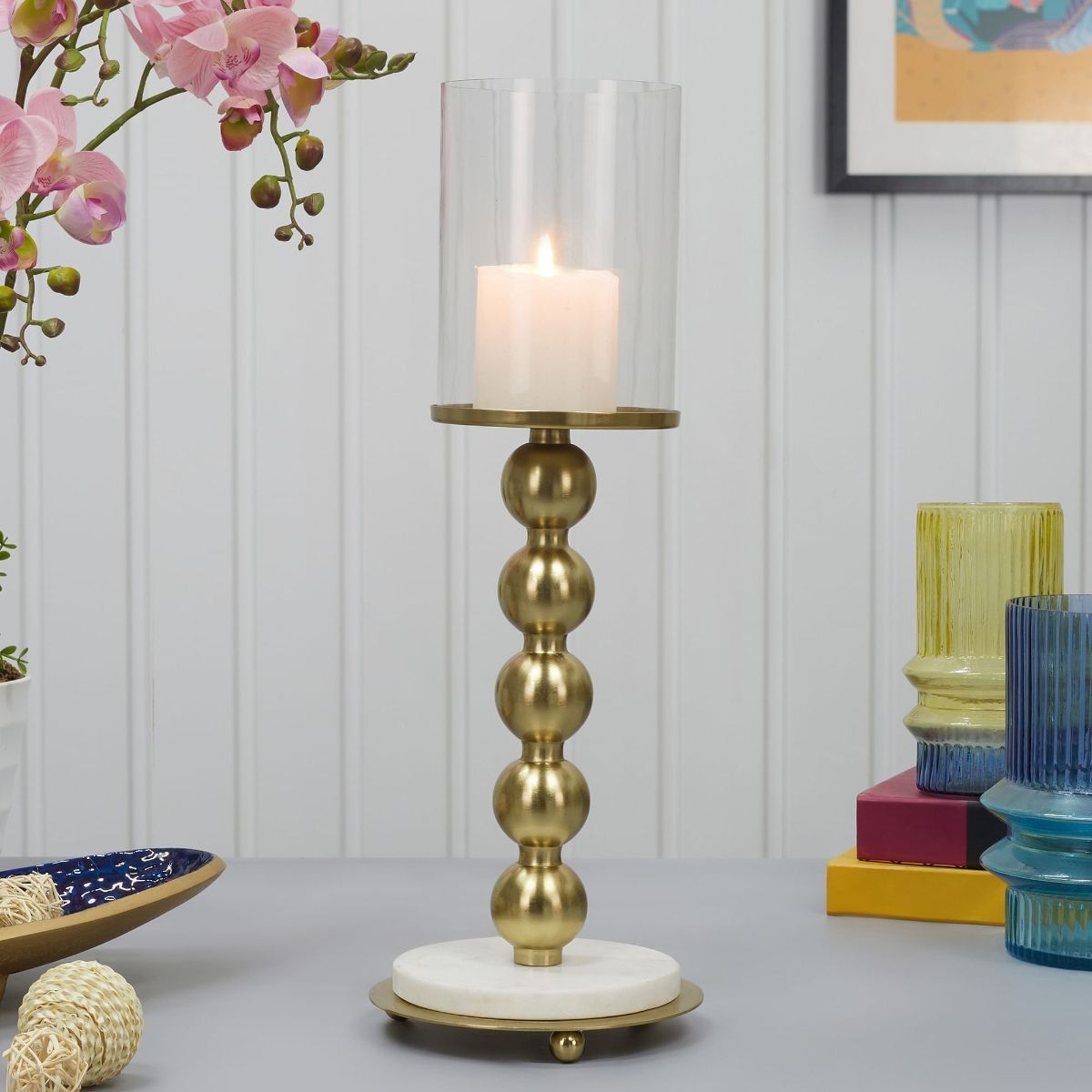 HomeTown Athena Aluminium, Marble and Glass Ball Candle Holder Gld ...