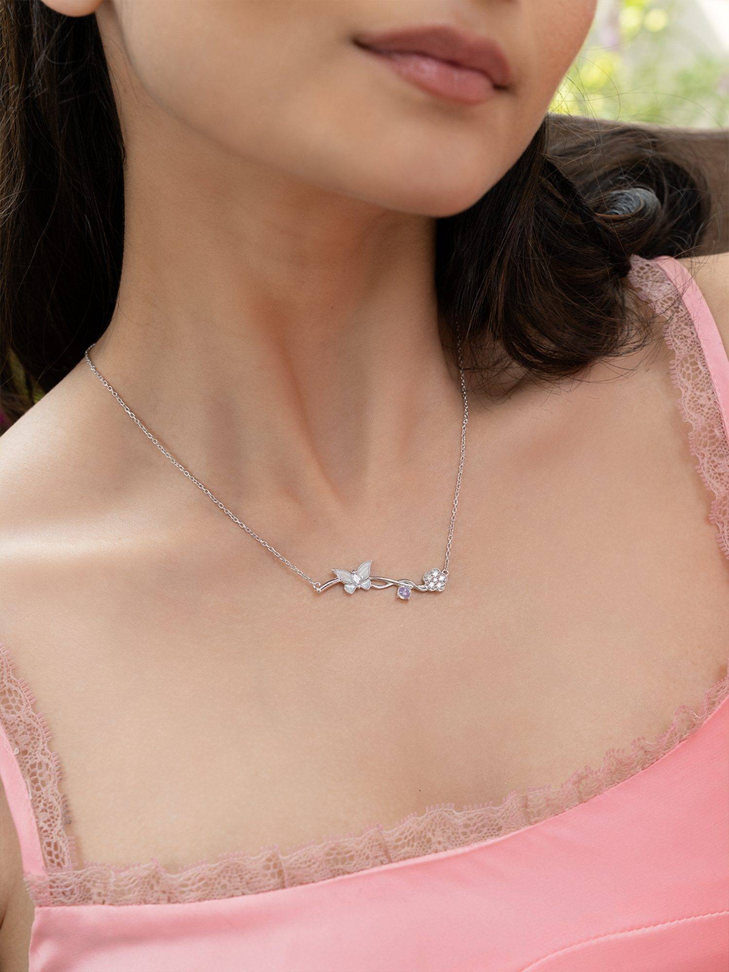 925 Silver Shaya by CaratLane White Mariposa Butterfly & Flower Necklace