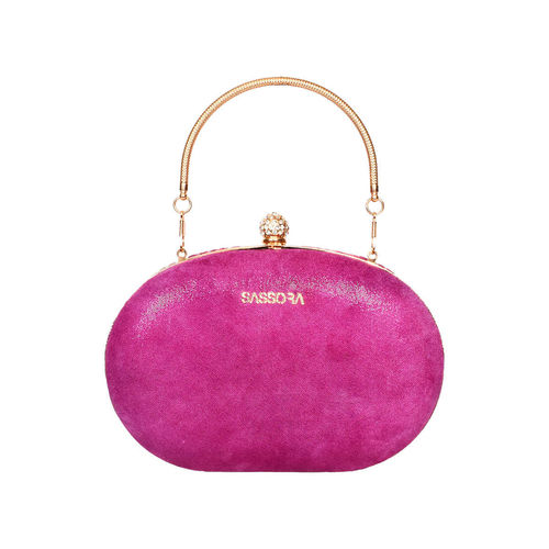Sassora Genuine Premium Leather Metal Frame Pink Embellished Party Clutch  (M)