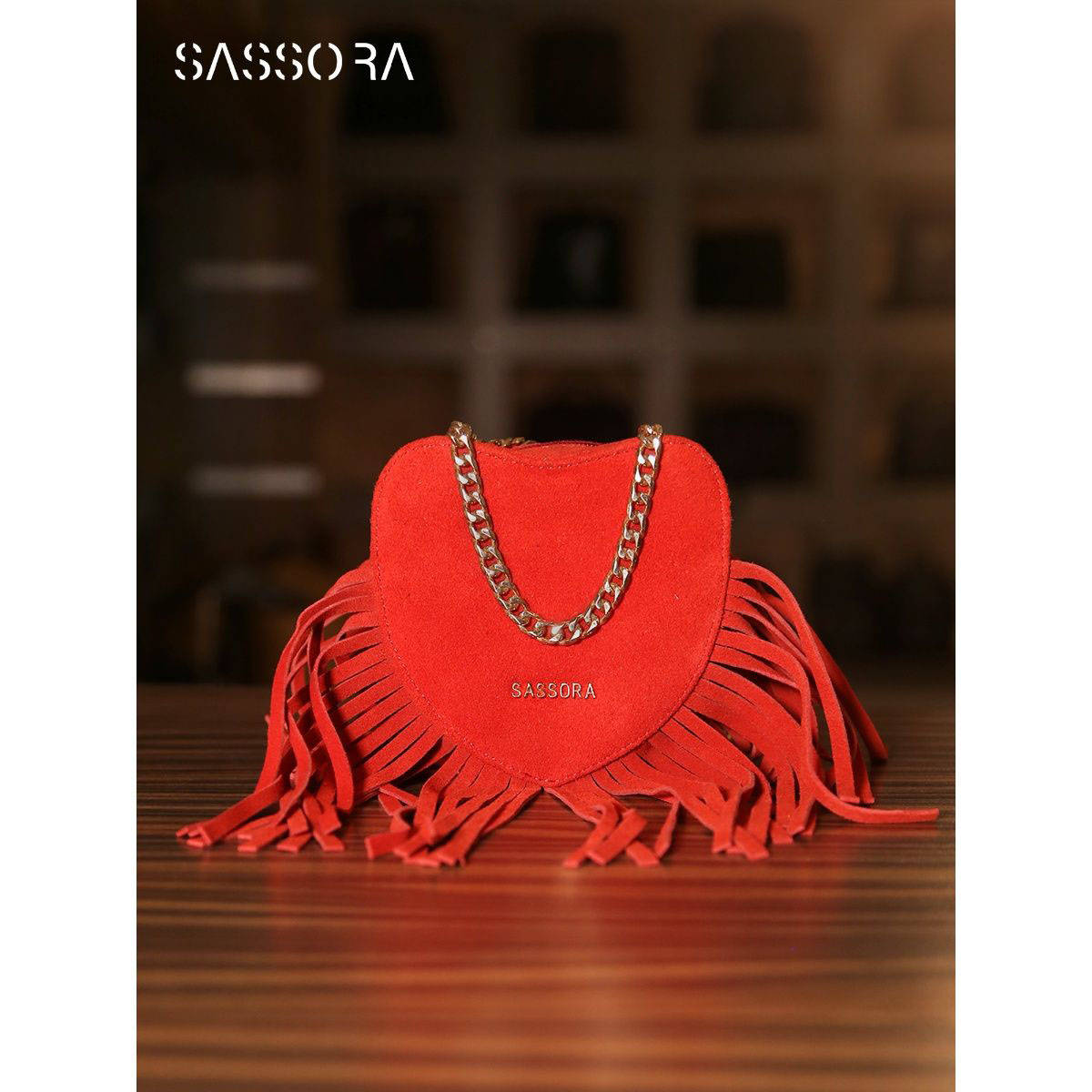 Sassora Genuine Leather Suede Fringe Sling Bag - Red